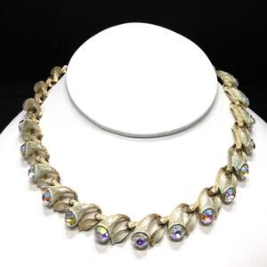 Brushed Gold Tone White Enamel Choker Necklace Aurora Borealis Rhinestones,1960s